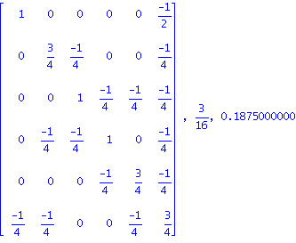 matrix([[1, 0, 0, 0, 0, (-1)/2], [0, 3/4, (-1)/4, 0, 0, (-1)/4], [0, 0, 1, (-1)/4, (-1)/4, (-1)/4], [0, (-1)/4, (-1)/4, 1, 0, (-1)/4], [0, 0, 0, (-1)/4, 3/4, (-1)/4], [(-1)/4, (-1)/4, 0, 0, (-1)/4, 3/...
