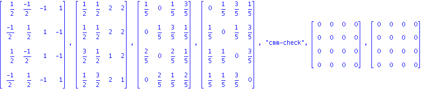 matrix([[1/2, (-1)/2, -1, 1], [(-1)/2, 1/2, 1, -1], [1/2, (-1)/2, 1, -1], [(-1)/2, 1/2, -1, 1]]), matrix([[1/2, 1/2, 2, 2], [1/2, 1/2, 2, 2], [3/2, 1/2, 1, 2], [1/2, 3/2, 2, 1]]), matrix([[1/5, 0, 1/5...