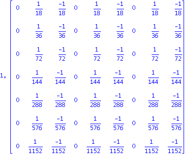 1, matrix([[0, 1/18, (-1)/18, 0, 1/18, (-1)/18, 0, 1/18, (-1)/18], [0, 1/36, (-1)/36, 0, 1/36, (-1)/36, 0, 1/36, (-1)/36], [0, 1/72, (-1)/72, 0, 1/72, (-1)/72, 0, 1/72, (-1)/72], [0, 1/144, (-1)/144, ...