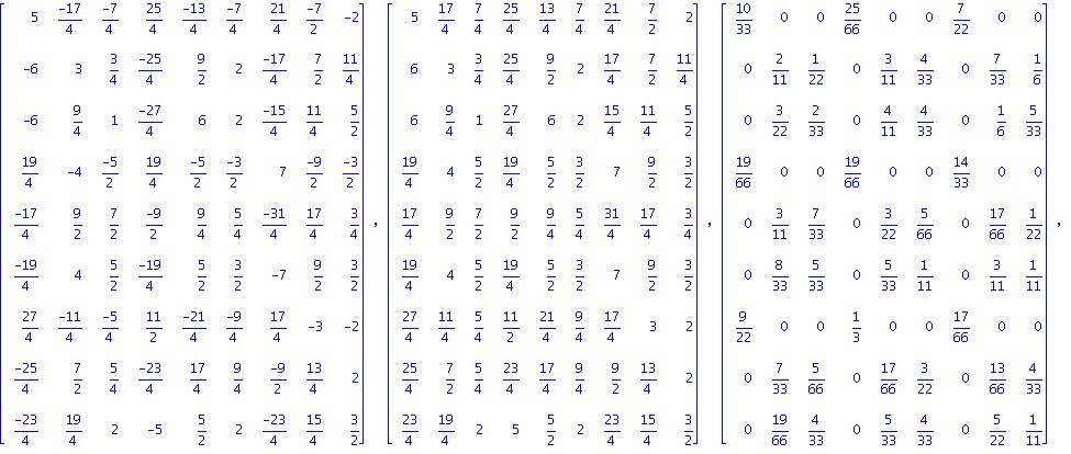 matrix([[5, (-17)/4, (-7)/4, 25/4, (-13)/4, (-7)/4, 21/4, (-7)/2, -2], [-6, 3, 3/4, (-25)/4, 9/2, 2, (-17)/4, 7/2, 11/4], [-6, 9/4, 1, (-27)/4, 6, 2, (-15)/4, 11/4, 5/2], [19/4, -4, (-5)/2, 19/4, (-5)...