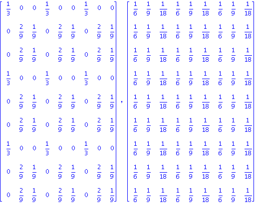 matrix([[1/3, 0, 0, 1/3, 0, 0, 1/3, 0, 0], [0, 2/9, 1/9, 0, 2/9, 1/9, 0, 2/9, 1/9], [0, 2/9, 1/9, 0, 2/9, 1/9, 0, 2/9, 1/9], [1/3, 0, 0, 1/3, 0, 0, 1/3, 0, 0], [0, 2/9, 1/9, 0, 2/9, 1/9, 0, 2/9, 1/9],...
